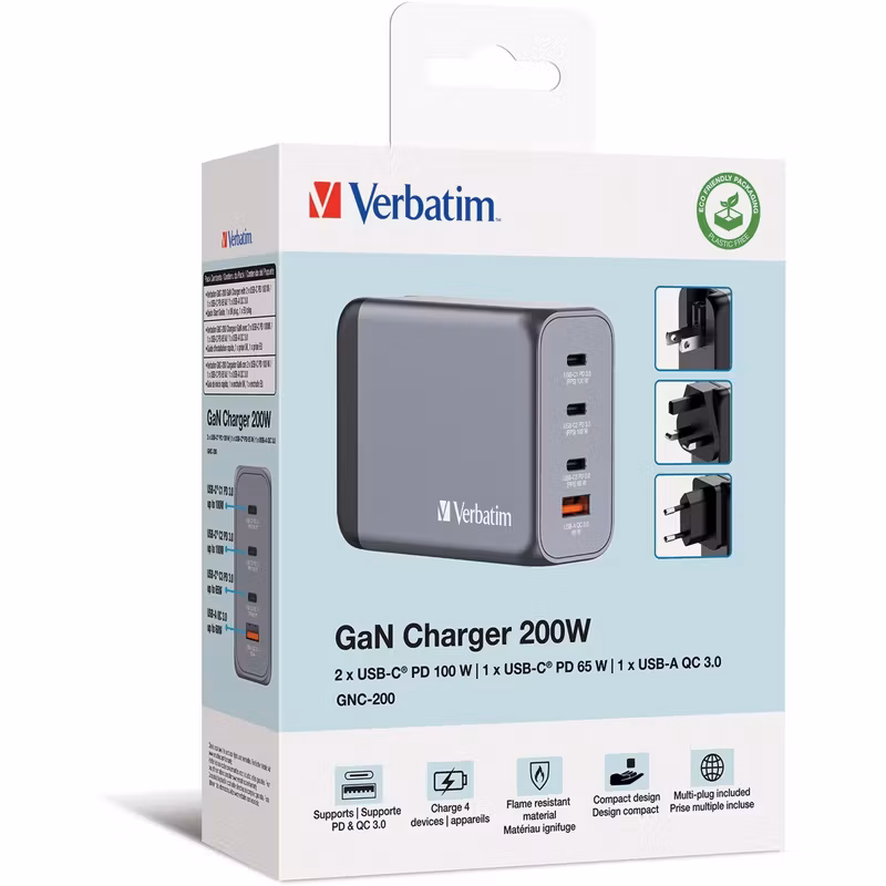 Verbatim GaN laddare 200W 1x USB-A 3x USB-C