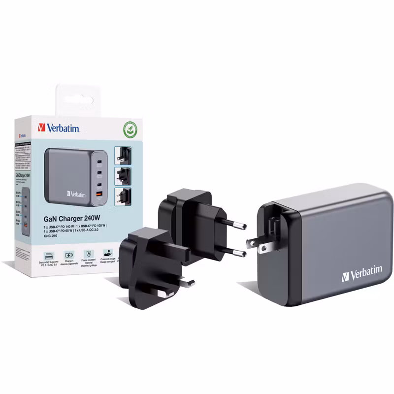 Verbatim Verbatim GaN Adapter 240W, 1x USB-A, 3x USB-C Reseladdare