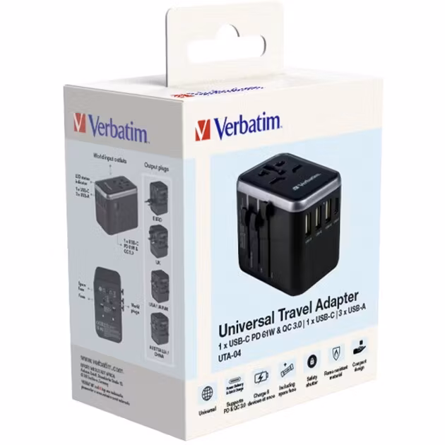 Verbatim universal travel adapter UTA-04, travel plug (black/silver, 3x USB-A, 2x USB-C)