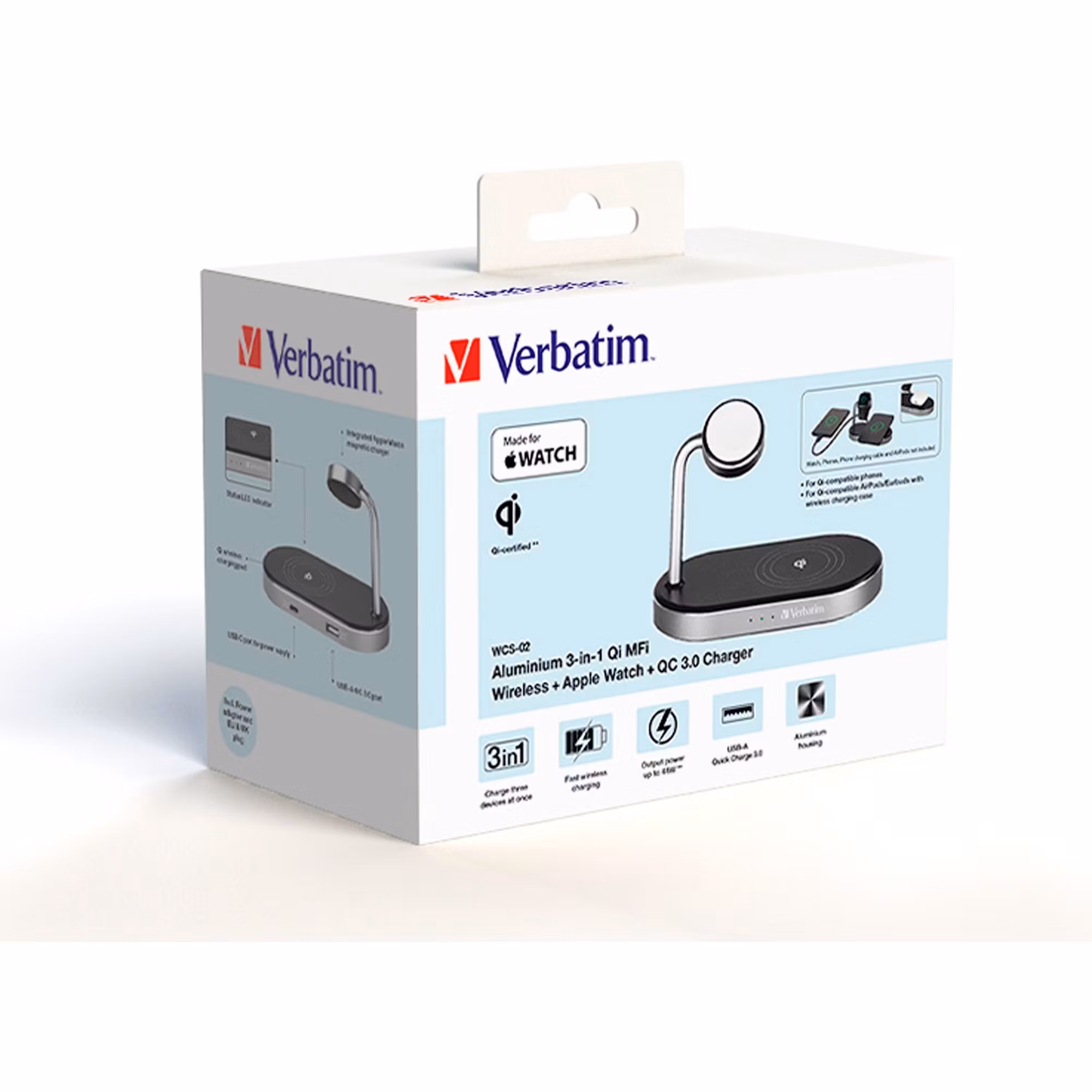 Verbatim Wireless 3-in-1 charging stand WCS-02, Qi MFi charging station