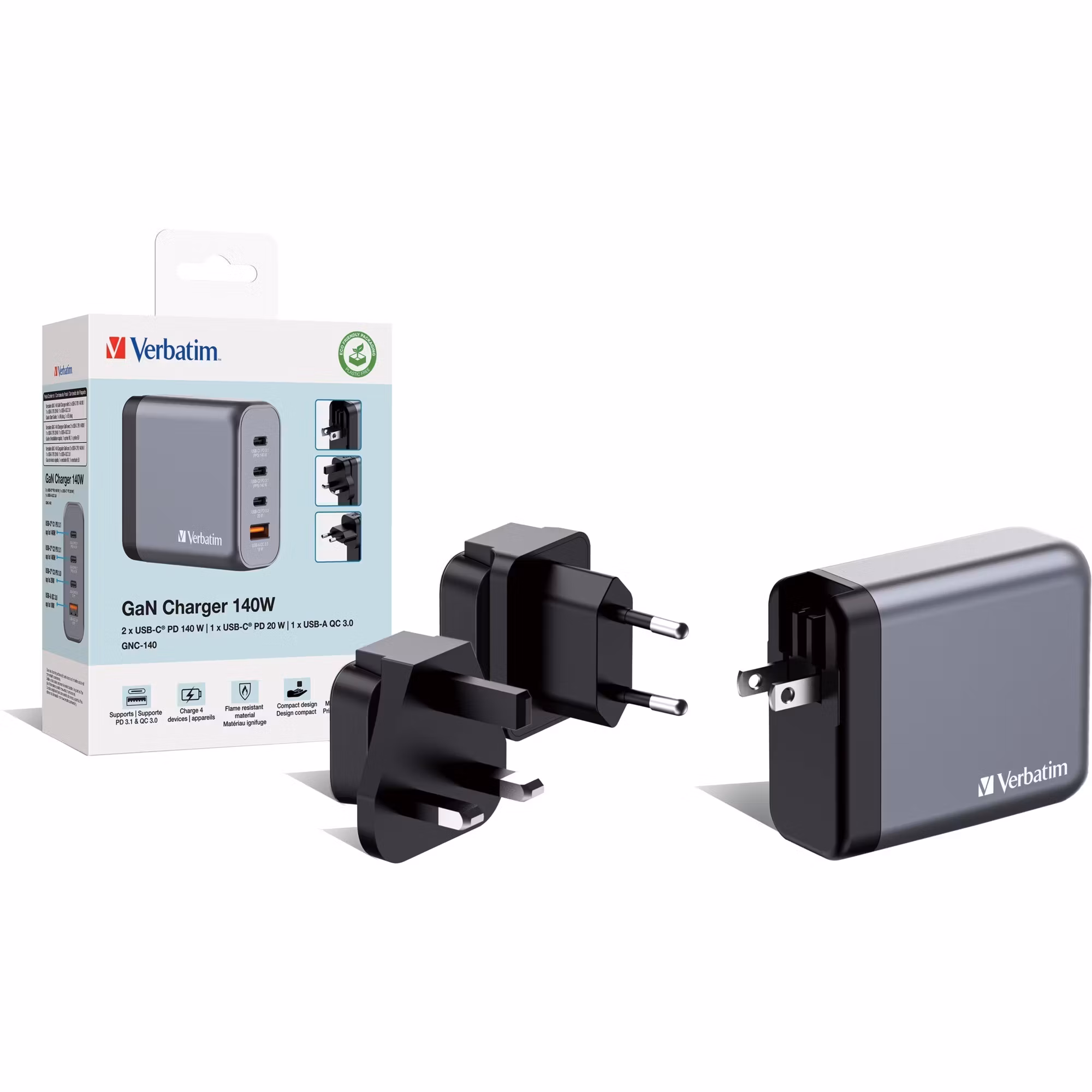 Verbatim GaN laddare 140W 1x USB-A 3x USB-C