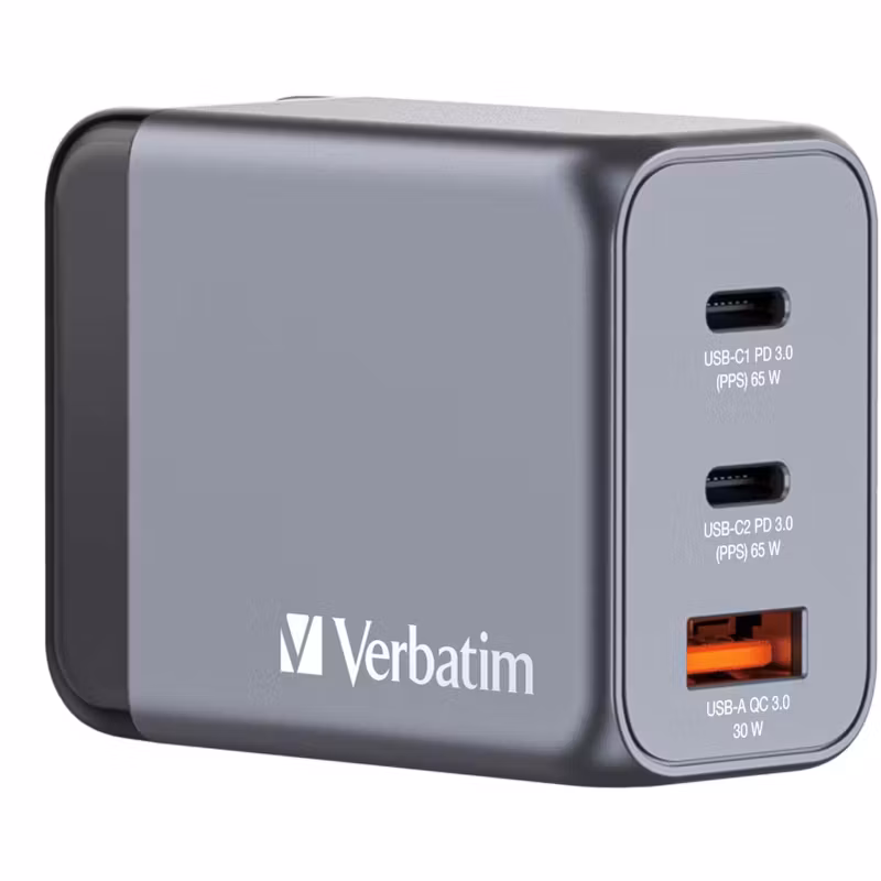 Verbatim GaN laddare 65W 1x USB-A 2x USB-C