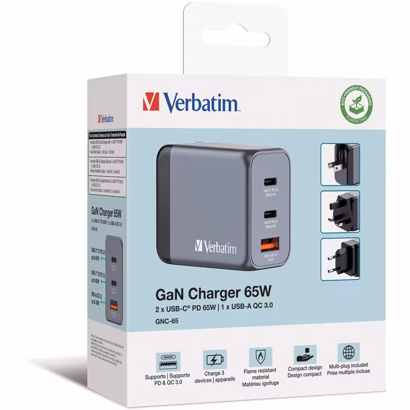 Verbatim GaN laddare 65W 1x USB-A 2x USB-C