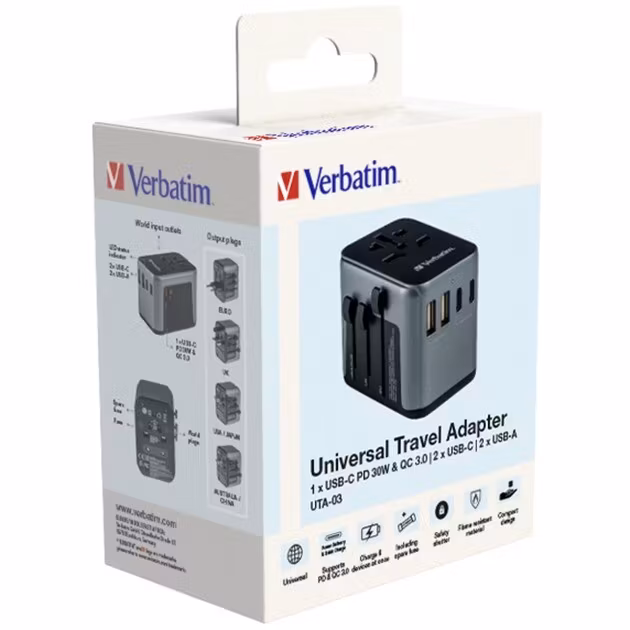 Verbatim universal travel adapter UTA-03, travel plug (black/silver, 2x USB-A, 3x USB-C)