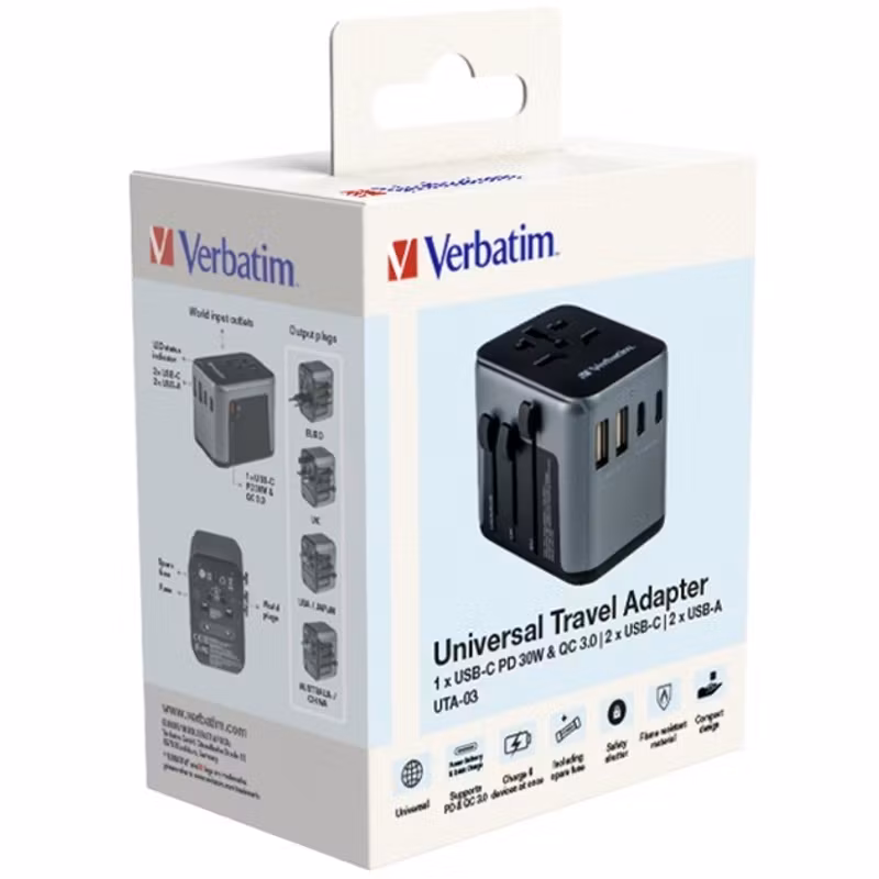 Verbatim universal travel adapter UTA-03, travel plug (black/silver, 2x USB-A, 3x USB-C)