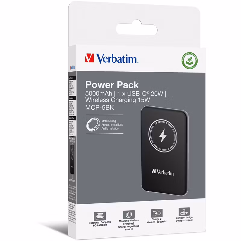 Verbatim Charge 'n' Go Trådlös power bank 5000mAh 20Watt 1xUSB-C Svart