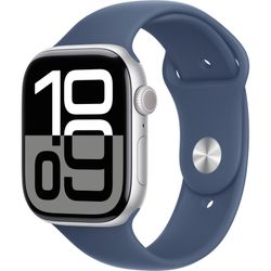 Apple Watch Series 10, Smartwatch (silver, aluminum, 46 mm, sports strap Denim M/L, cellular)