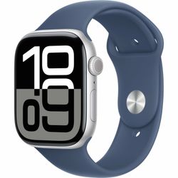 Apple Watch Series 10, Smartwatch (silver, aluminum, 46 mm, sports strap Denim S/M)