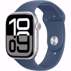 Apple Watch Series 10, Smartwatch (silver, aluminum, 46 mm, sports strap Denim S/M)