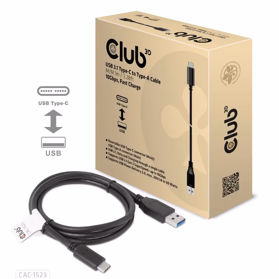 Club 3D CAC1523 USB 3.1 Gen 2 USB-C till USB-A 60W Kabel Svart