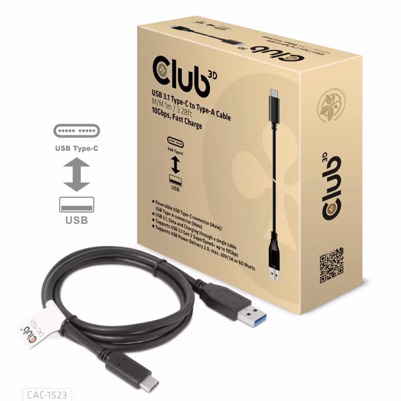 Club 3D CAC1523 USB 3.1 Gen 2 USB-C till USB-A 60W Kabel Svart