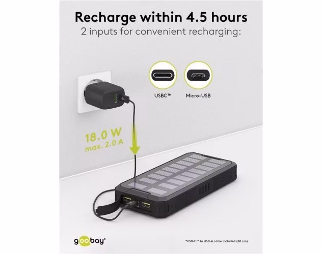 Goobay Powerbank snabbladdare med Solpanel 20.000 mAh Svart