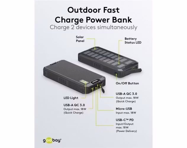 Goobay Powerbank snabbladdare med Solpanel 20.000 mAh Svart