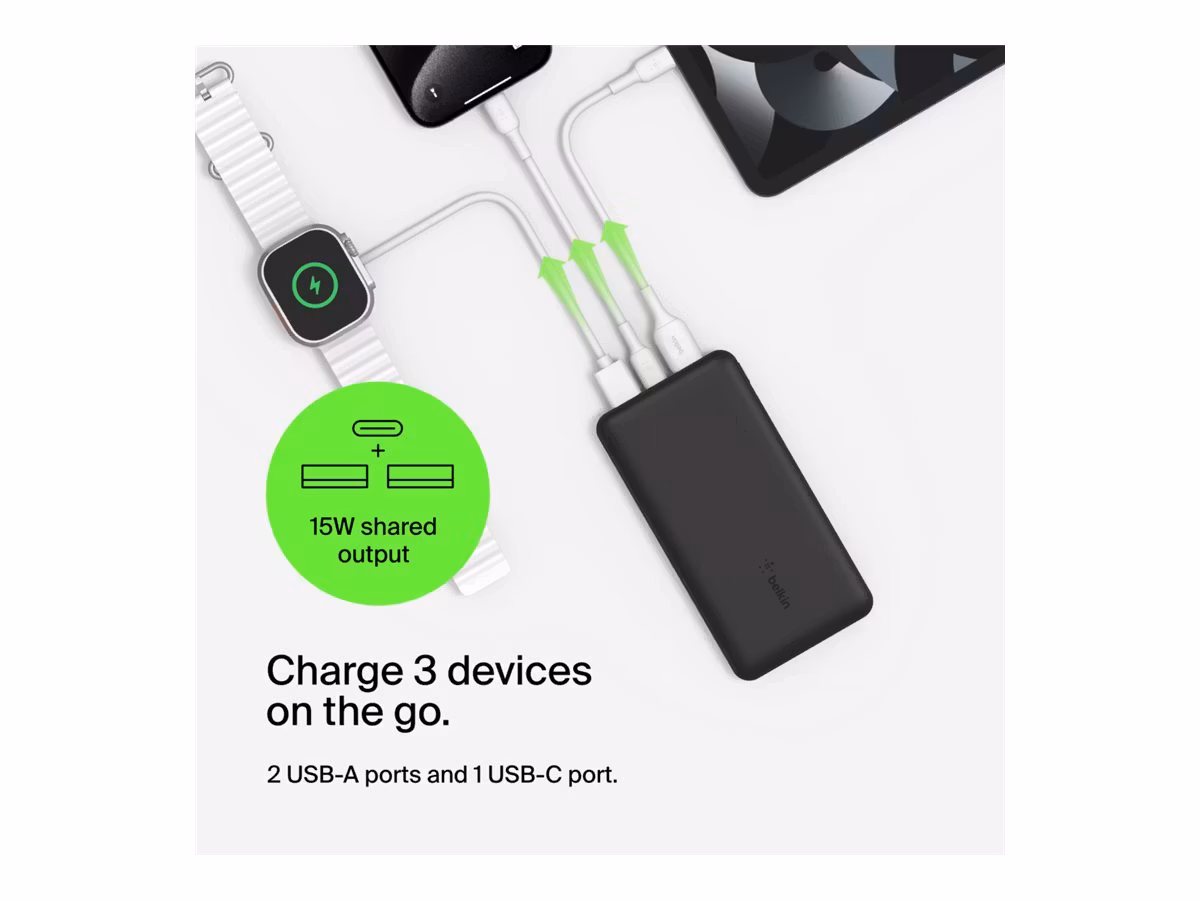 Belkin powerbank 10 000 mAh med 2x USB-A och 1x USB-C 15W Svart