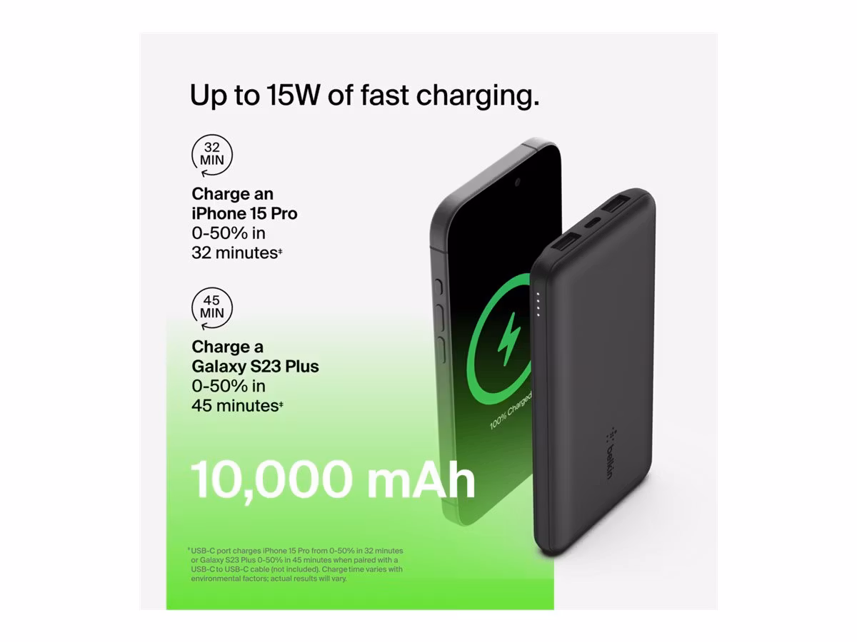 Belkin powerbank 10 000 mAh med 2x USB-A och 1x USB-C 15W Svart