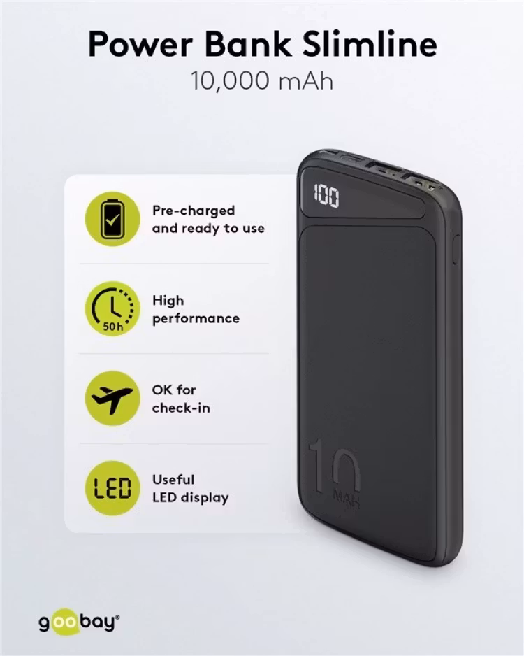 Goobay Powerbank Slimline 10,000 mAh Svart