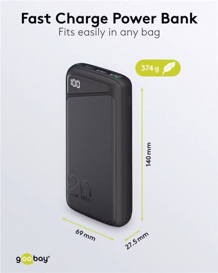 Goobay Powerbank 20 000 mAh snabbladdare USB-C Svart