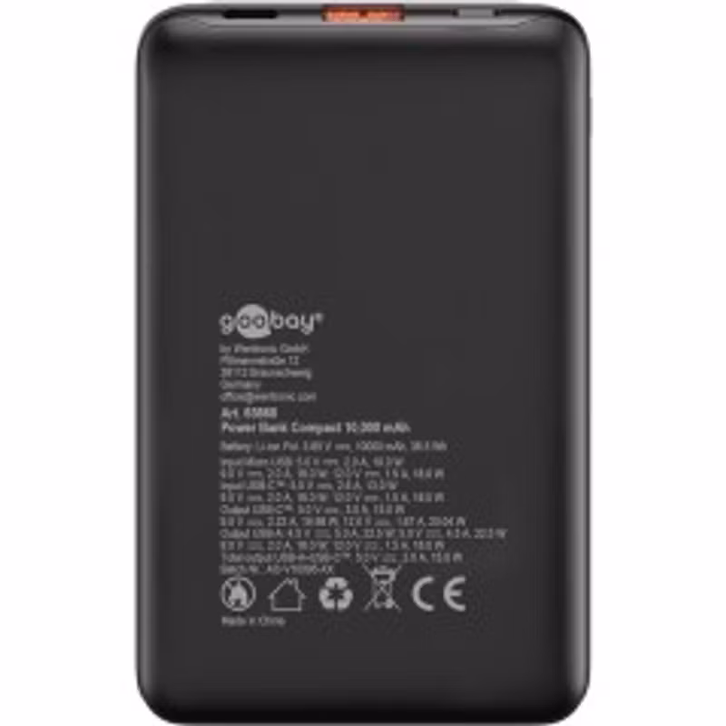 Goobay powerbank 10 000 mAh 1x USB-A 1x USB-C 20W Svart