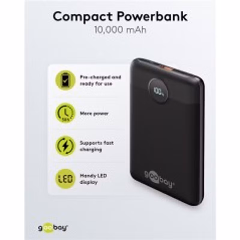 Goobay powerbank 10 000 mAh 1x USB-A 1x USB-C 20W Svart