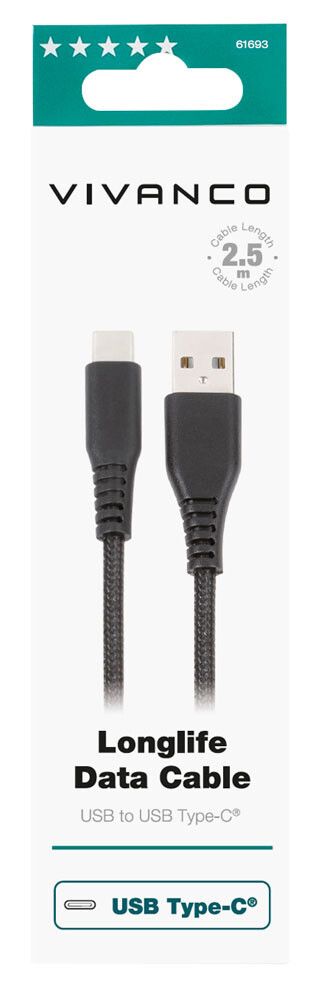 Vivanco Longlife USB-C/USB-A 2.0 kabel 2.5m Svart