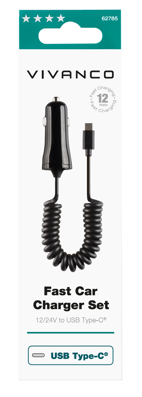 Vivanco Billaddare USB-C 2.4A med spiral kabel Svart