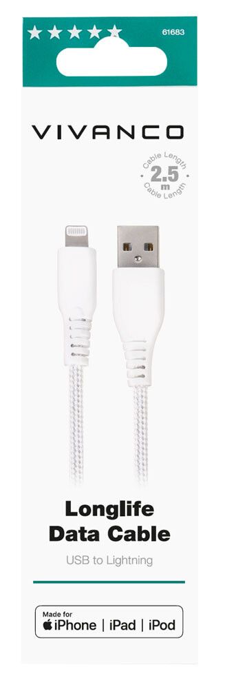 Vivanco Longlife Lightning kabel MFI 2.5m Vit