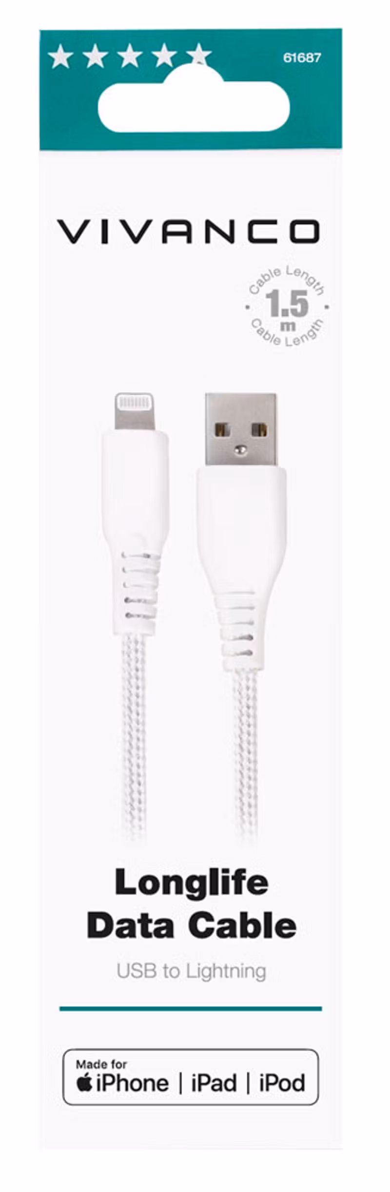 Vivanco Longlife Lightning kabel MFI 1.5m Vit