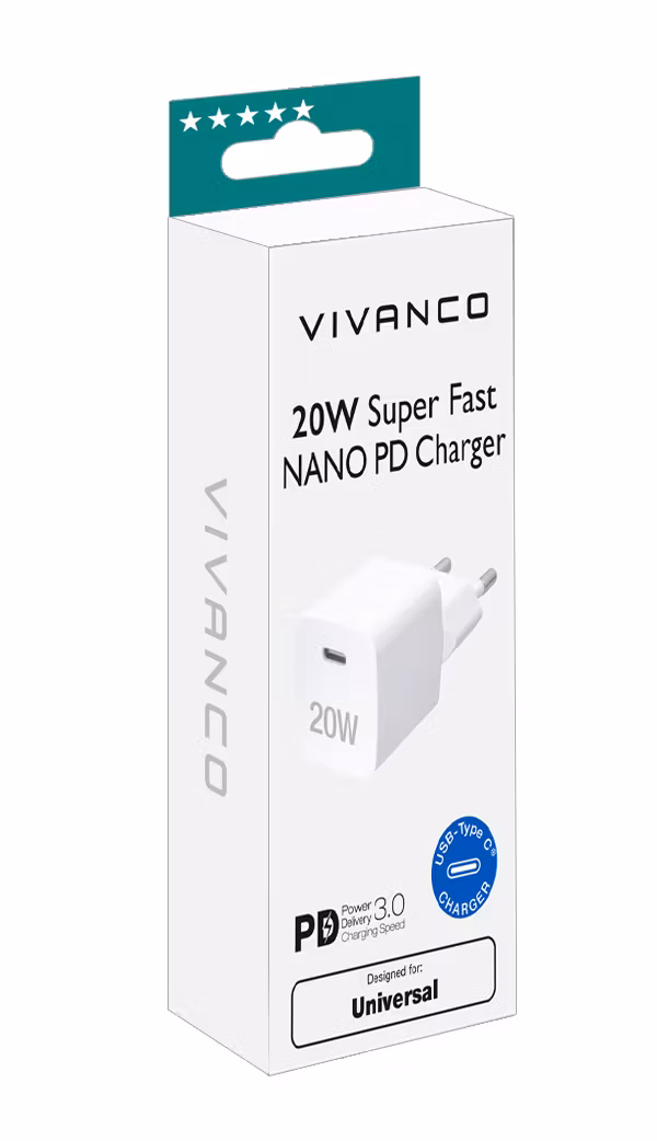 Vivanco Snabb 1xUSB-C PD 3.0 20W Hemladdare Vit