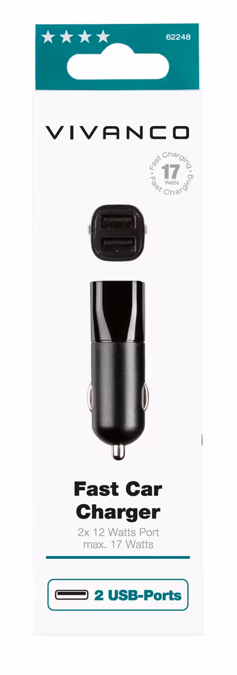 Vivanco 2xUSB Billaddare (2.4A+1A) 12/24V Svart