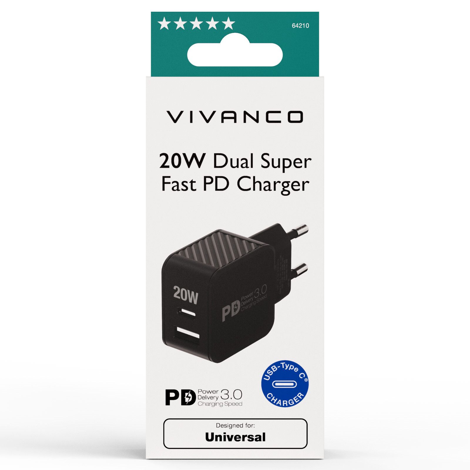 Vivanco Snabb 1xUSB-C PD / USB-A Hemladdare 20W Svart