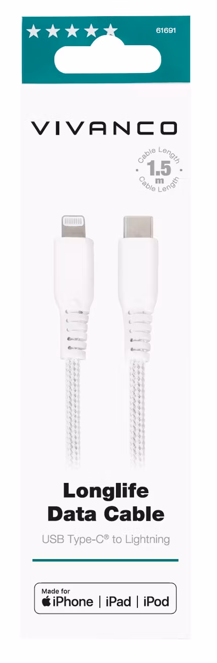 Vivanco Longlife USB-C/Lightning kabel MFI 1.5m Vit