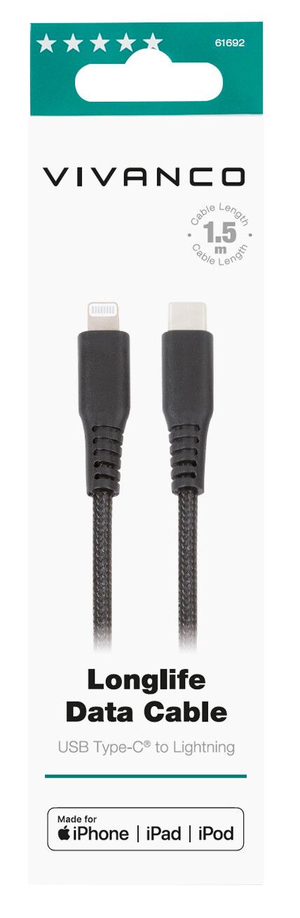 Vivanco Longlife USB-C/Lightning kabel MFI 1.5m Svart