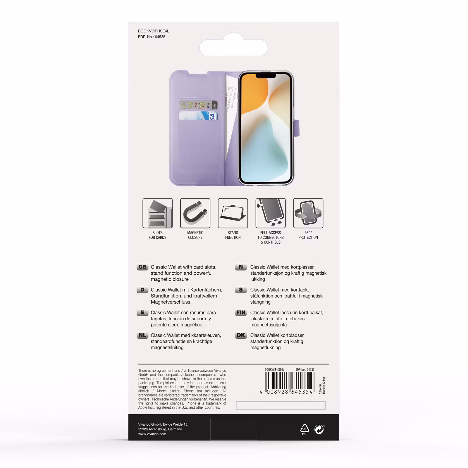 Vivanco Classic Plånboksfodral Apple iPhone 16e Lavendel