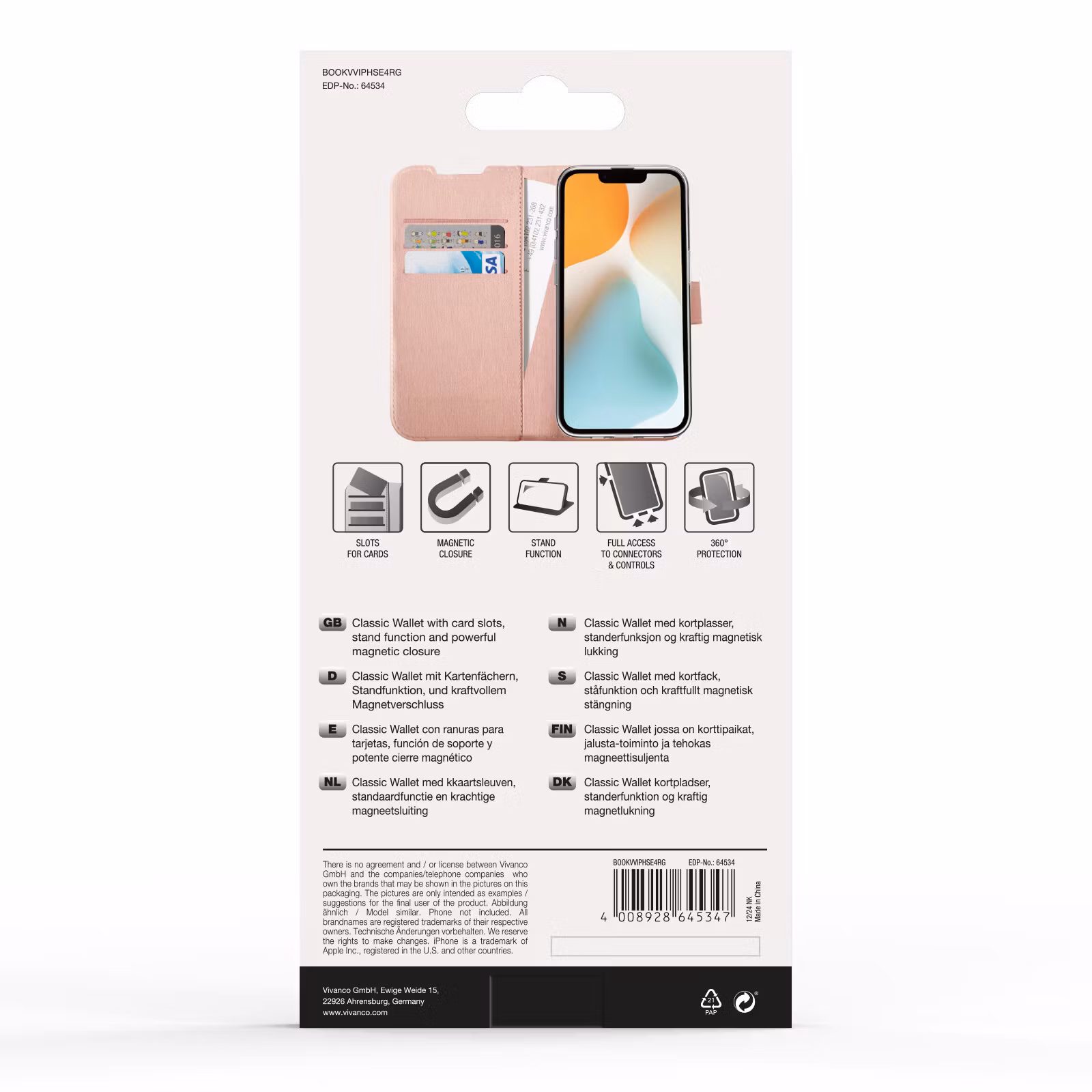 Vivanco Classic Plånboksfodral Apple iPhone 16e Rosa Guld