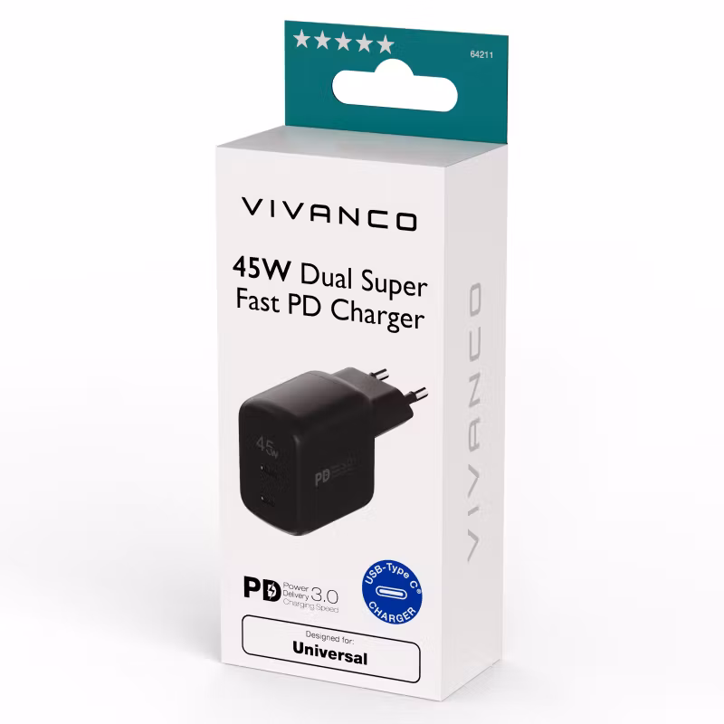 Vivanco Supersnabb 45W Dubbel Hemladdare Svart