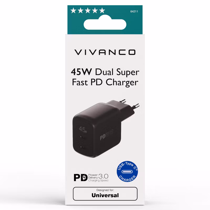 Vivanco Supersnabb 45W Dubbel Hemladdare Svart