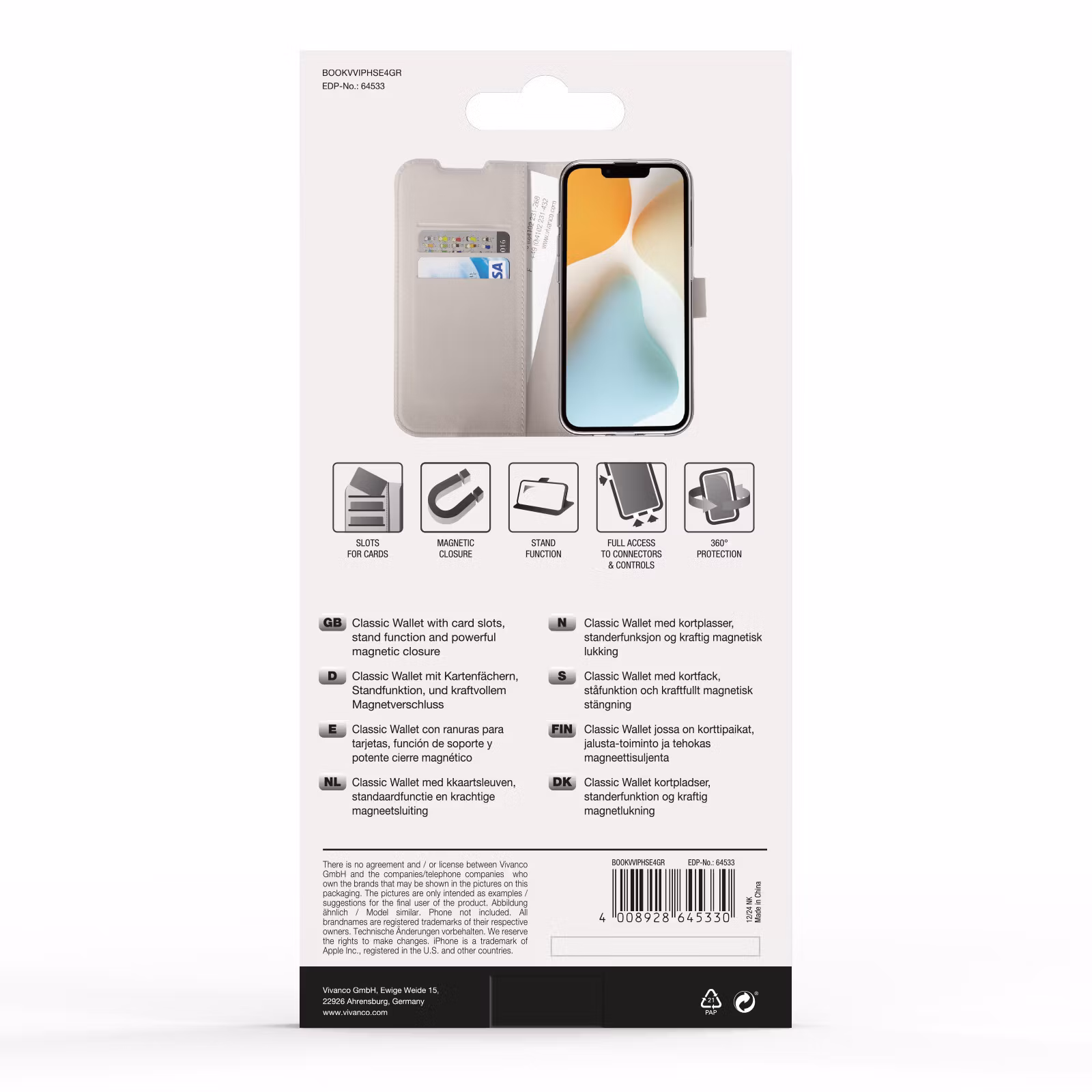 Vivanco Classic Plånboksfodral Apple iPhone 16e Greige