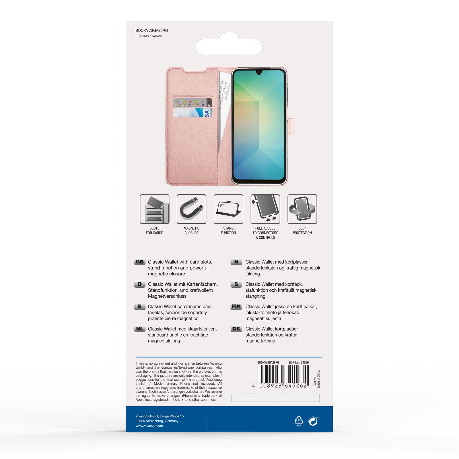 Vivanco Classic Plånboksfodral Samsung Galaxy A26 Rosa Guld