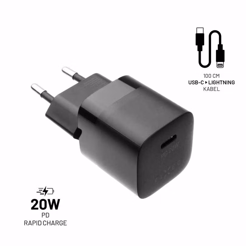 FIXED Snabb Hemladdare USB-C 20W+Lightning kab. 1m Svart