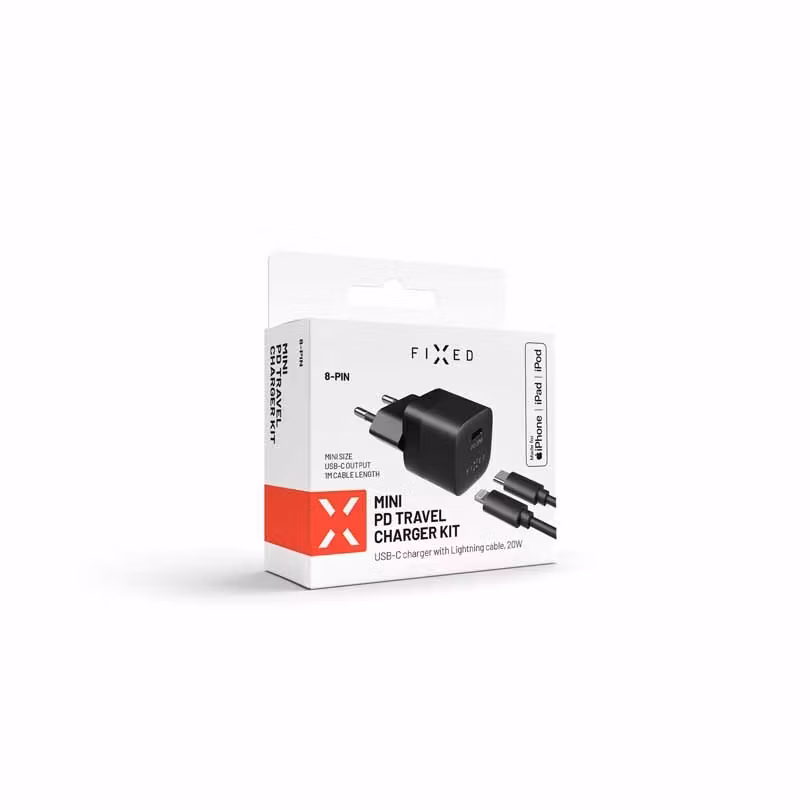 FIXED Snabb Hemladdare USB-C 20W+Lightning kab. 1m Svart