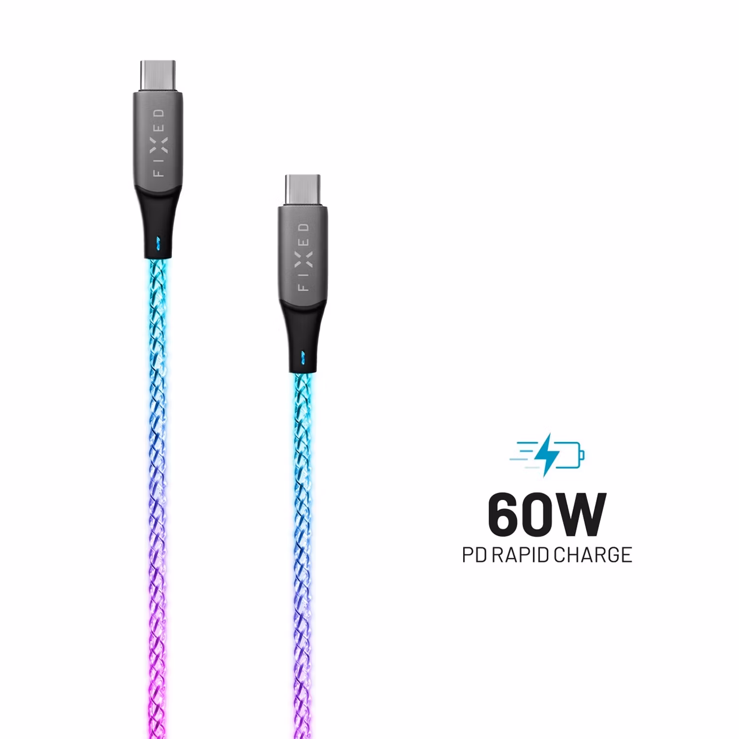 FIXED LED/Gaming USB-C/C 60W kabel 1.2m Flerfärgad