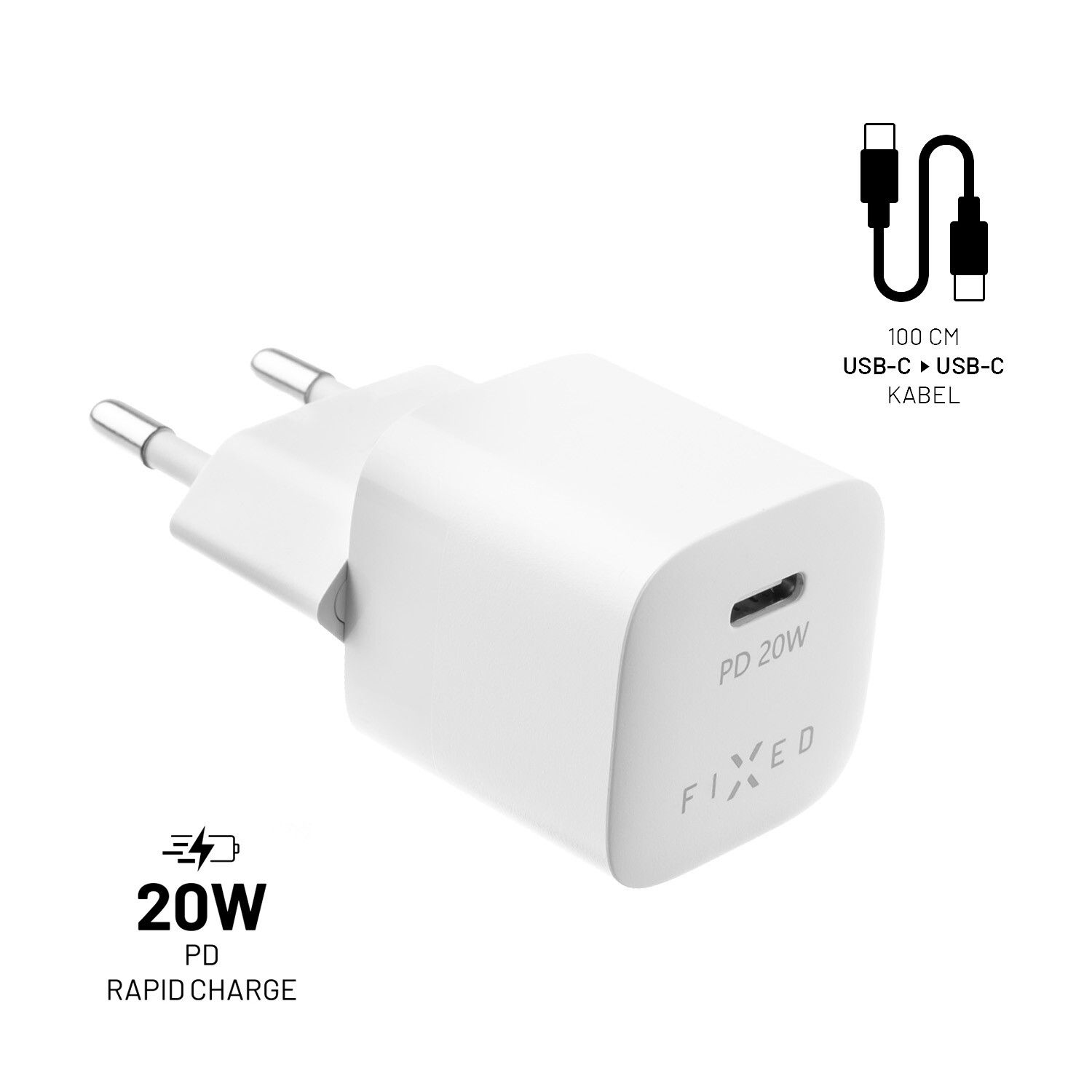 FIXED Snabb Hemladdare USB-C PD 20W+USB-C kabel 1m Vit