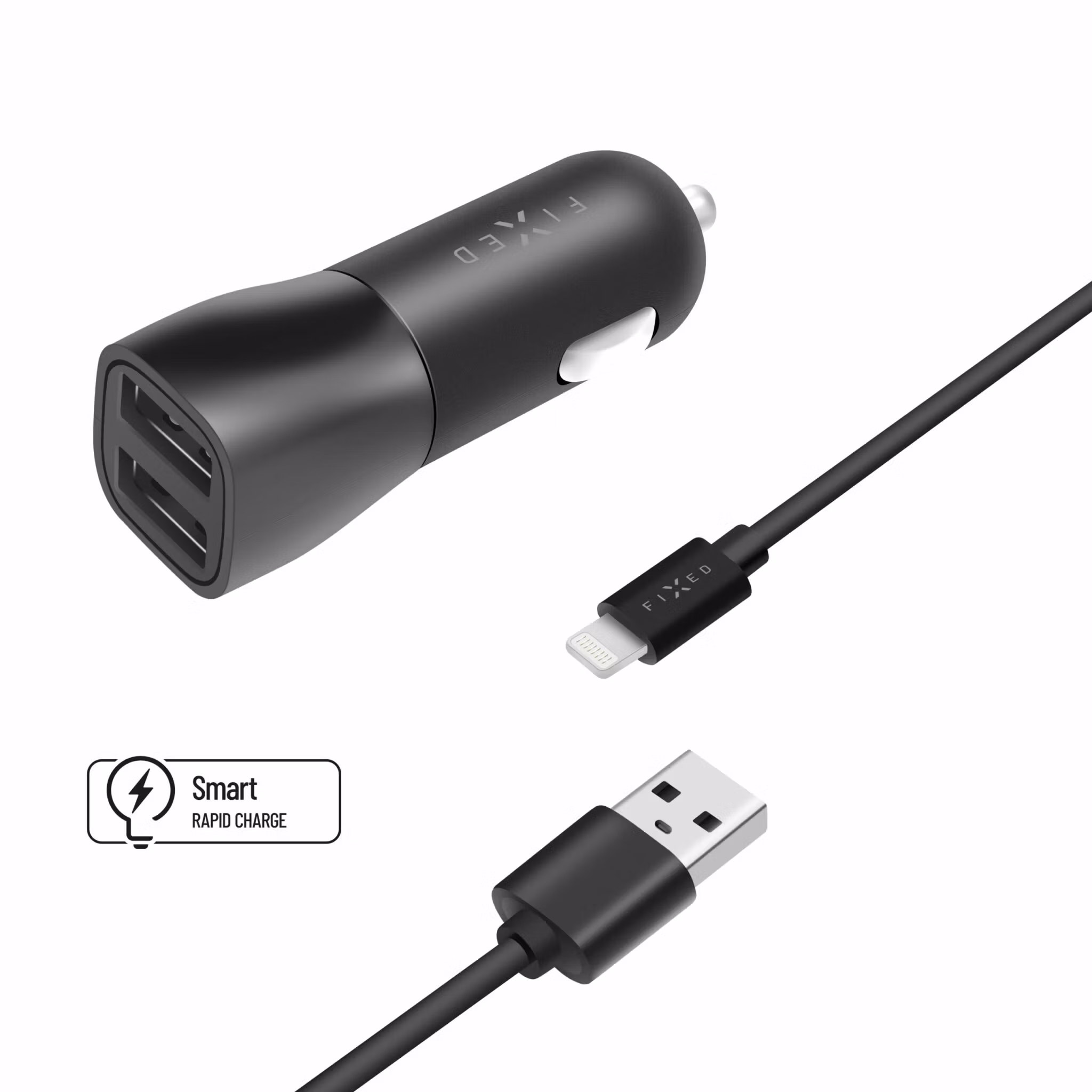 FIXED Billaddare 2x USB-A 15W/Lightning MFI 1m Svart