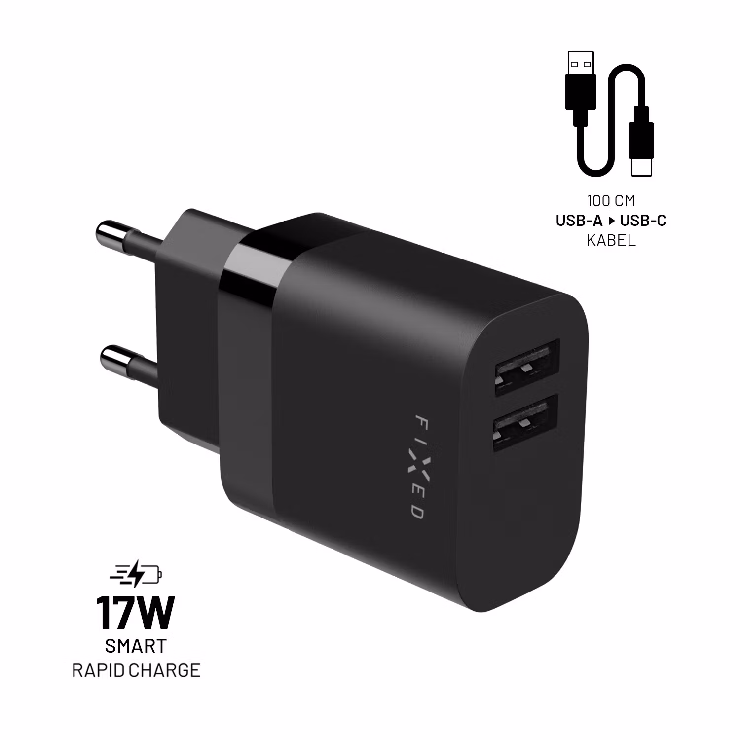 FIXED Hemladdare 2x USB-A 17W/USB-C kabel 1m Svart