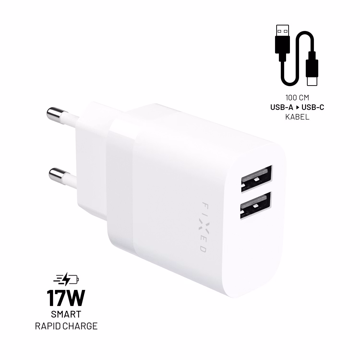 FIXED Hemladdare 2x USB-A 17W/USB-C kabel 1m Vit