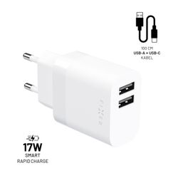 FIXED Hemladdare 2x USB-A 17W/USB-C kabel 1m Vit
