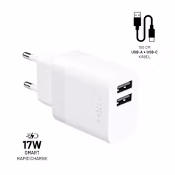FIXED Hemladdare 2x USB-A 17W/USB-C kabel 1m Vit