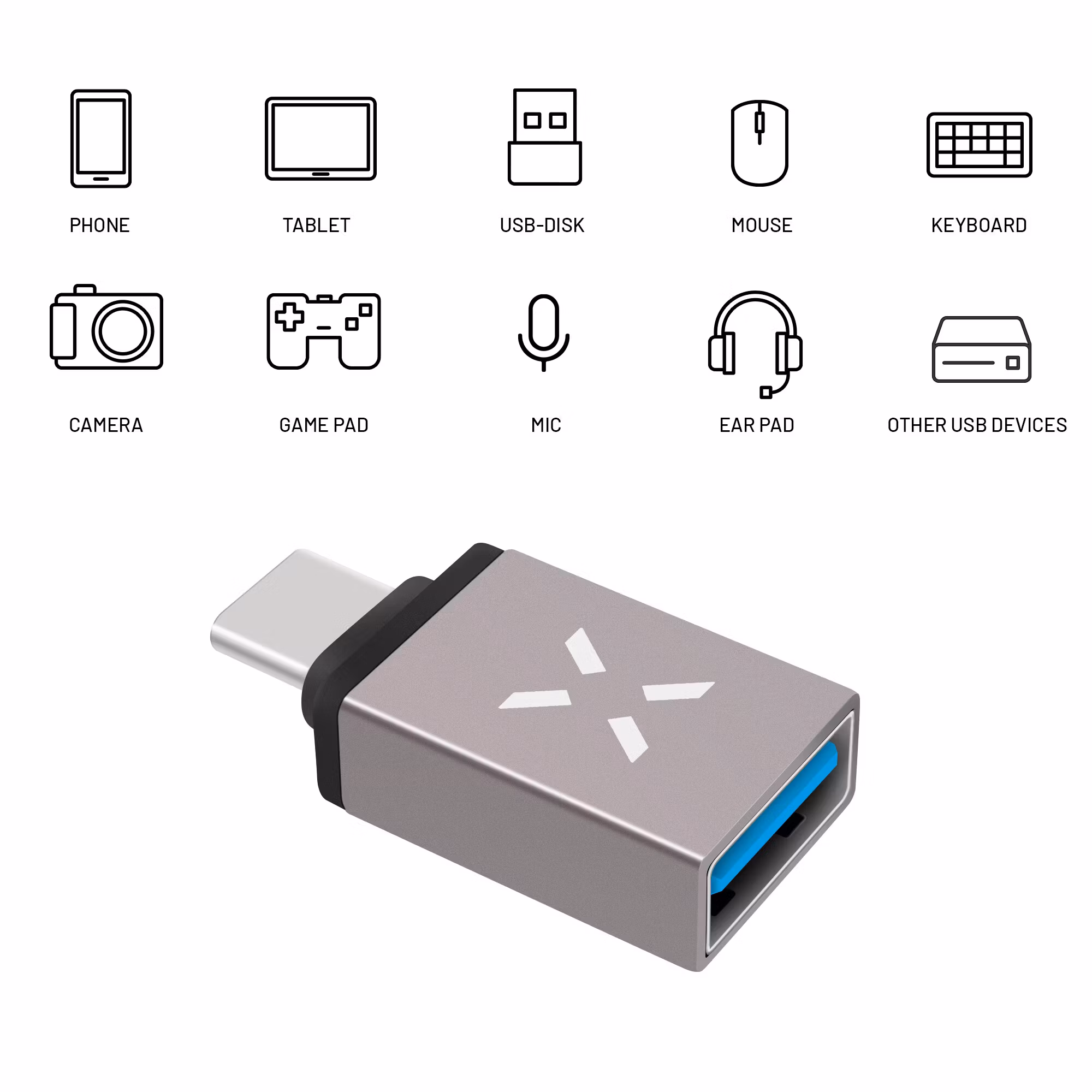 FIXED LINK USB-C Hane till USB-A Hona adapter Grå
