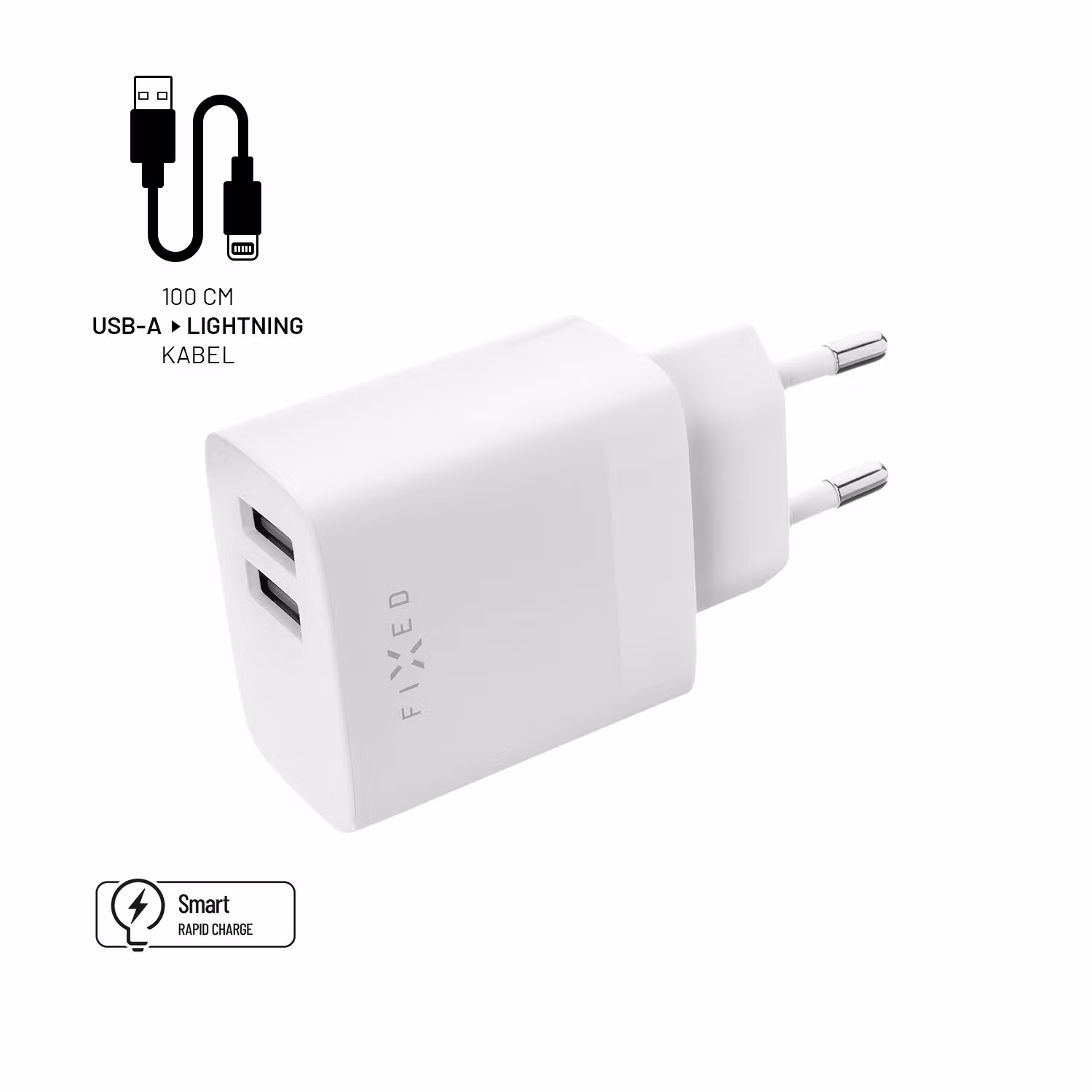 FIXED Hemladdare 2x USB-A 17W/Lightning kabel 1m Vit