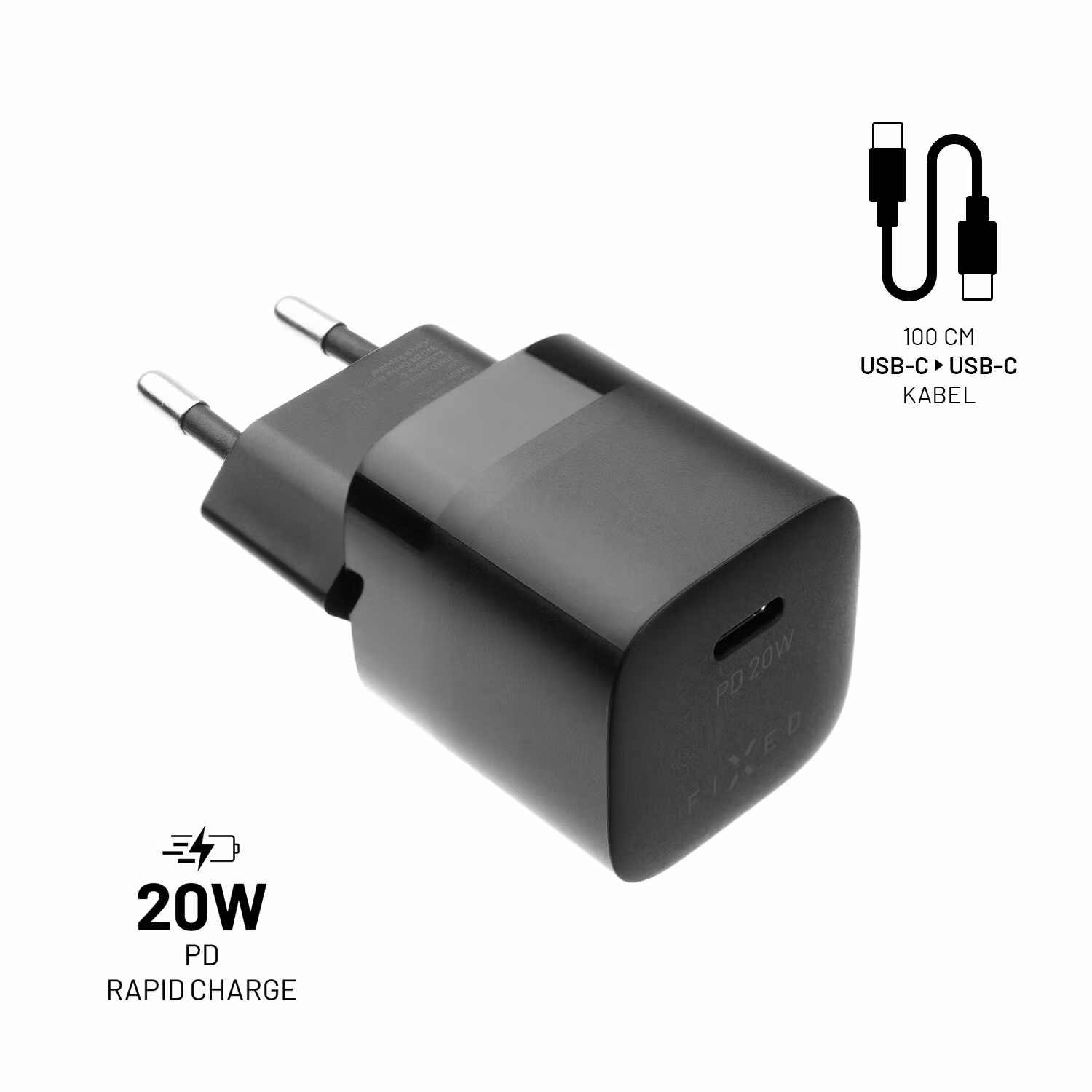 FIXED Snabb Hemladdare USB-C PD 20W+USB-C kabel 1m Svart